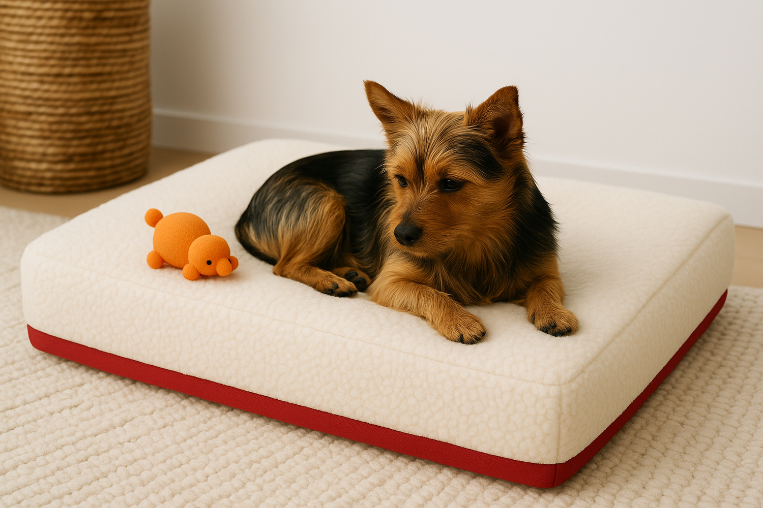 A small brown and black dog is lying on a white cushion with a red trim, next to an orange toy, in a cozy room with a woven basket and a textured rug.