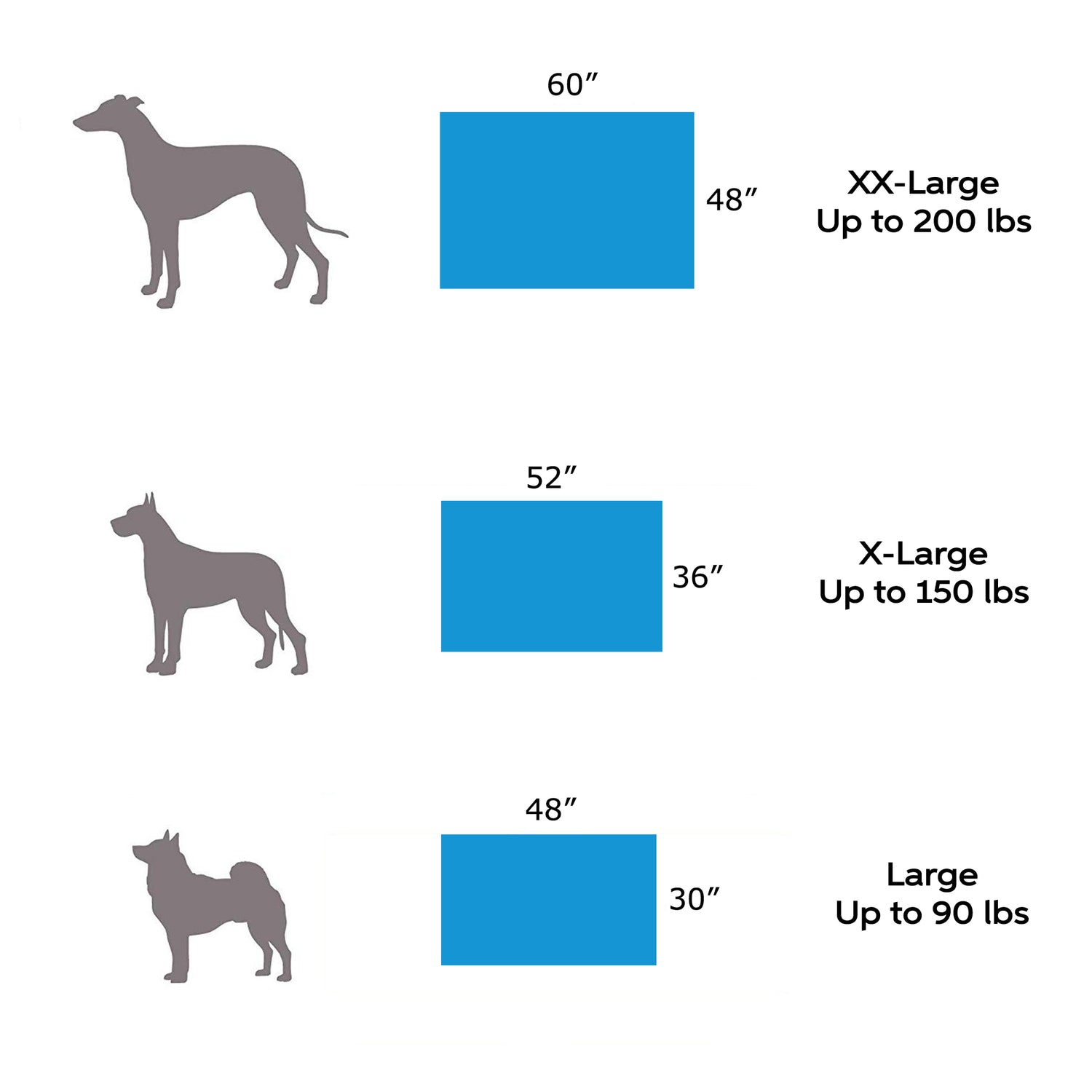 Three dog silhouettes and blue rectangles display crate sizes ideal for pairing with the Big Dog Orthopedic 7