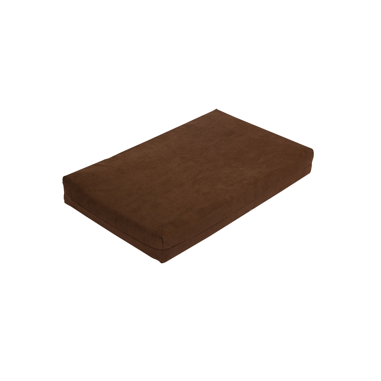 The Temperature Regulated Orthopedic Dog Bed is a rectangular brown cushion with a suede-like surface, designed for pets comfort, shown on a plain white background.