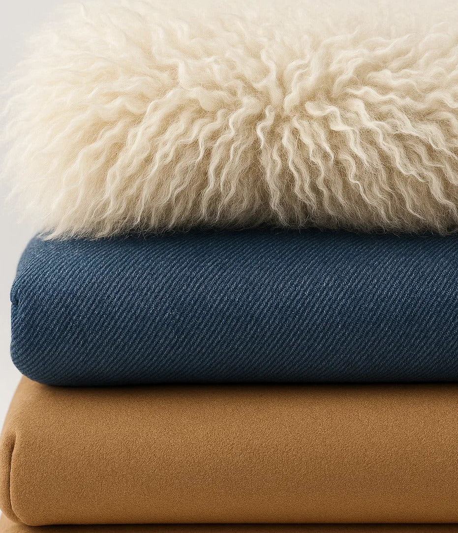 A stack of three folded fabrics: a fluffy cream-colored textile on top, a blue textured fabric in the middle, and a smooth brown material on the bottom.