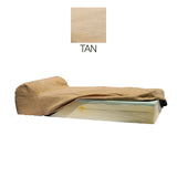 A tan-colored Dog Bed Cover for Lucky Dog with Bolster 7″ Large Dog features memory foam and an angled backrest. Above the bed is a matching tan fabric swatch labeled "TAN," all set against a plain white background.