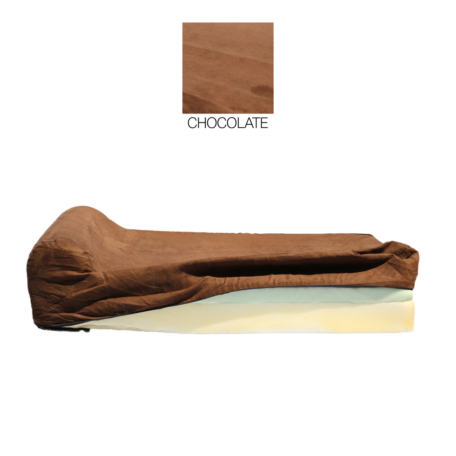 A chocolate brown Dog Bed Cover for Lucky Dog with Bolster 7″ Large Dog shown on a large wedge pillow, with a small swatch labeled CHOCOLATE above the pillow for color reference.