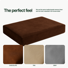 The Snooz Dog Bed is a rectangular memory foam bed for joint pain, shown in chocolate brown with swatches for chocolate, tan, and gray. Made from medical-grade, non-toxic materials offering orthopedic comfort.